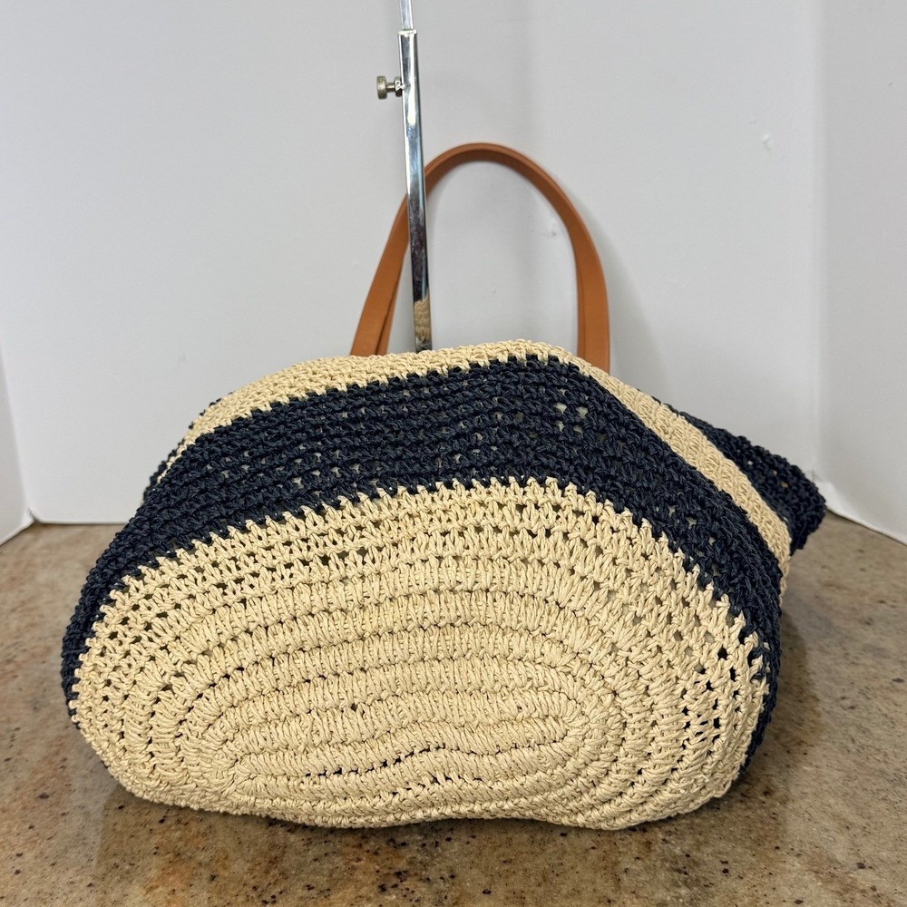 Forever 21 Straw Tote Bag Womens Navy Cream Striped Woven Beach Summer Coastal - Picture 5 of 11